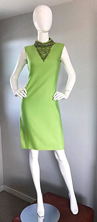 1960s Lime Green Vintage Beaded Sequined 60s Bright Mod Shift Dress W