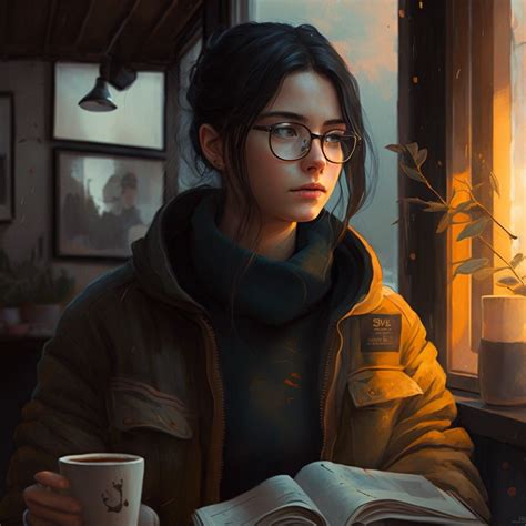 Cute Girl In Sweater Black Hair Black Wayfarer Glasses Sitting Inside Cafe Drinking Coffee