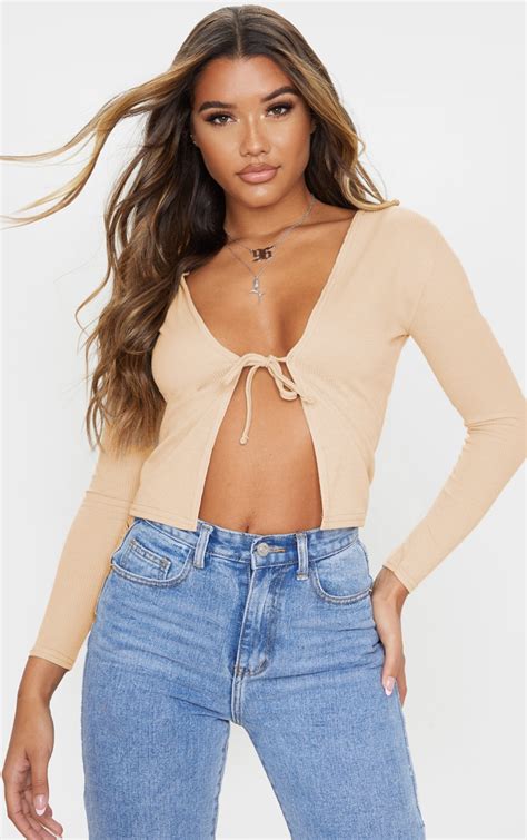 sand rib tie front crop top tops prettylittlething