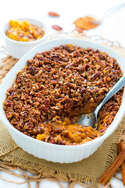 Once they are done, scoop out the flesh. Sweet Potato Casserole with Pecan Topping - Delicious ...