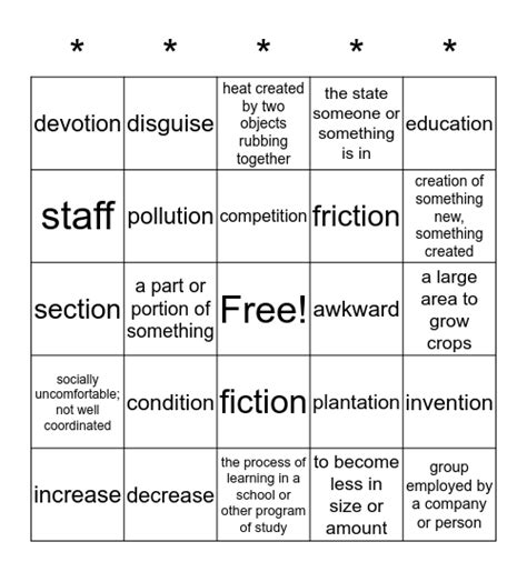5a Vocabulary Bingo Card