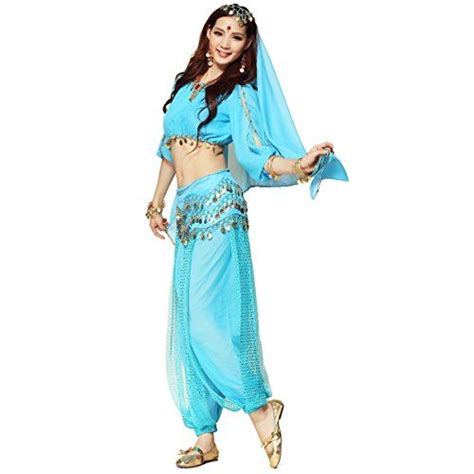 Genie Costume Lantern Sleeve Top Harem Pants Trousers Hip Scarves Belly Dance Costumes