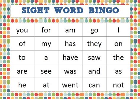 Printable Sight Word Bingo Printable Templates