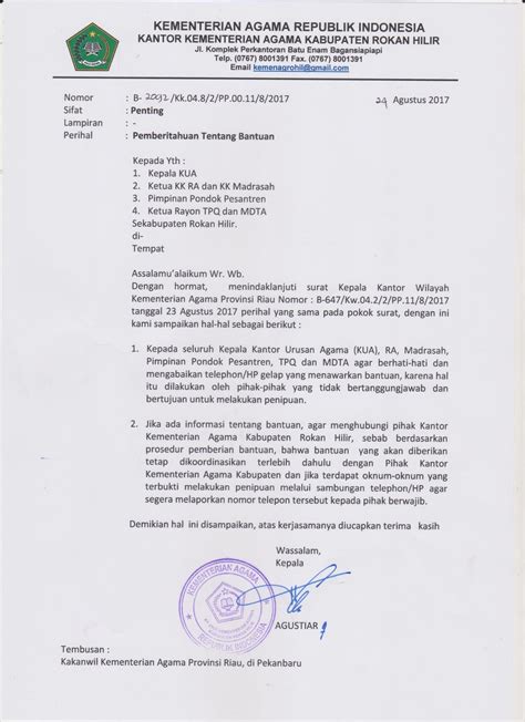 Penmad Surat Edaran Tentang Penipuan Mengenai Bantuan