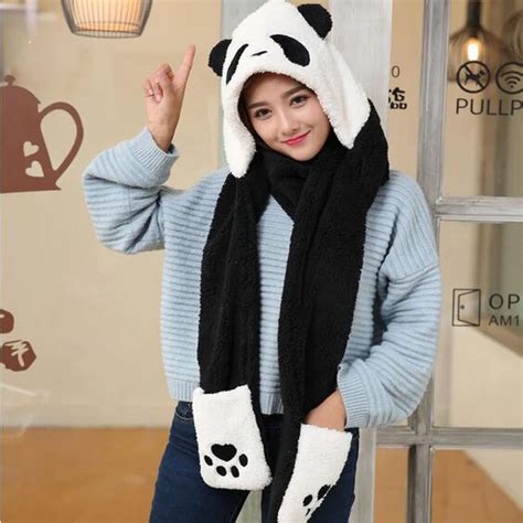 New 2017 Cute Panda Design Winter Scarf Hat Gloves Set Women Neck Warm