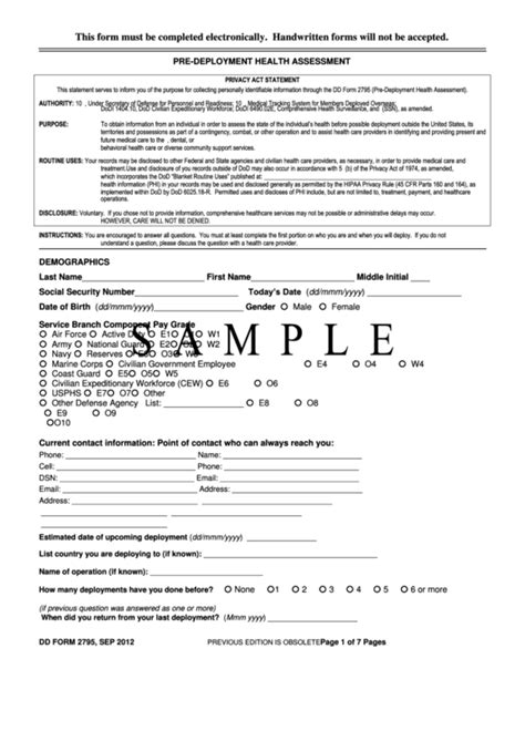 Dd Form 2795 Privacy Act Statement Sample Pre Deployment Health