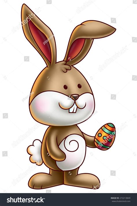 Cute Brown Cartoon Bunny Holding An Easter Egg Stock Photo