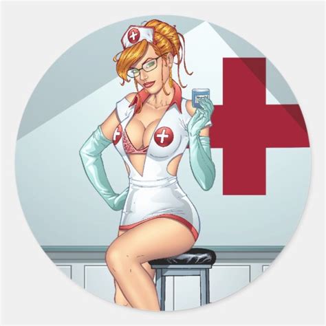 nurse pin up art red head art by al rio classic round sticker zazzle ca