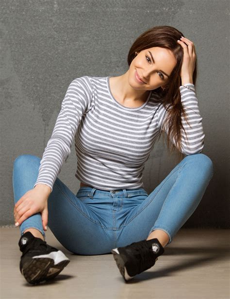 Wallpaper Women Model Brunette Sitting Jeans Spread Legs Fashion Striped Person