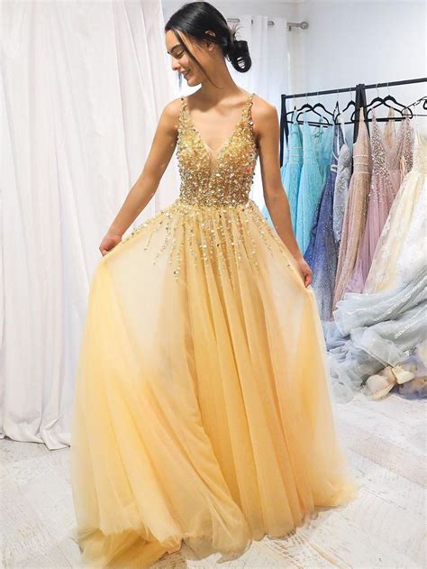 A Line V Neck Yellow Sparkly Long Prom Dresses Gorgeous Formal Dresses