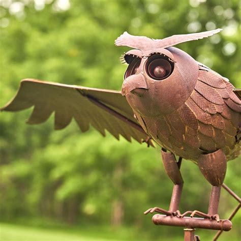 Large Iron Rocking Owl With Moving Wings Garden Stake In Rust Winslow