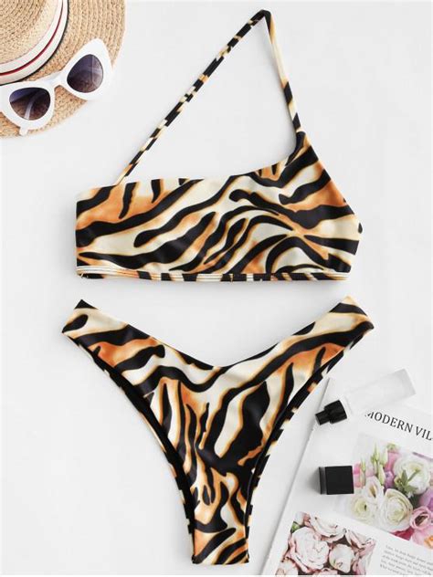 Off Zaful Tiger Print High Cut Reversible Bikini Swimsuit In