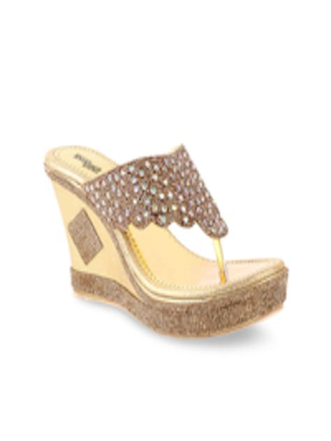 Buy Shoetopia Gold Toned Embellished Wedge Sandals Heels For Women