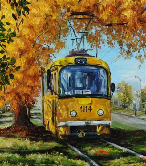 Cityscape Oil Painting On Canvas Yellow Tram Painting Train Painting