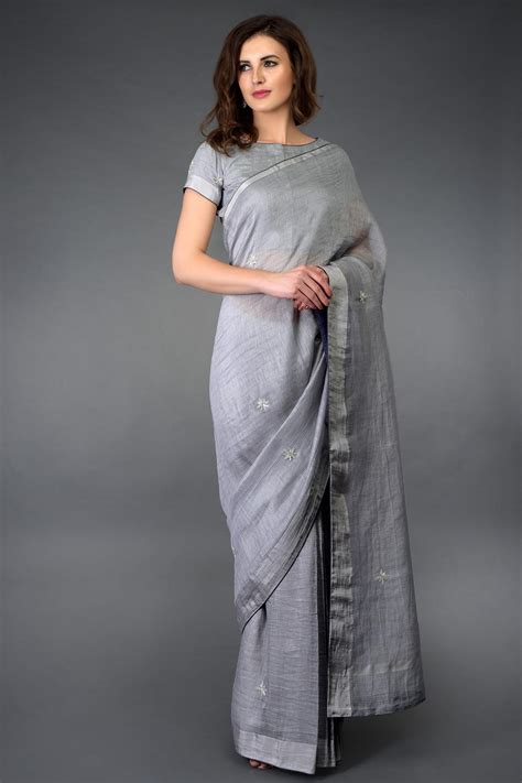 Buy Talking Threads Grey Kota Linen Saree With Blouse Online Aza Fashions