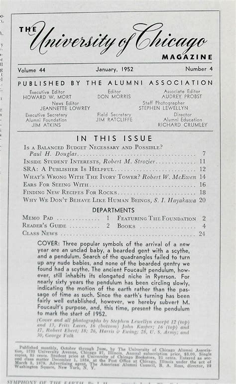 University Of Chicago Magazine January 1952 Contains Shasta