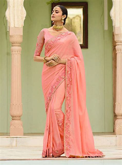 peach silk party wear saree 140954 party wear sarees indian wedding wear saree
