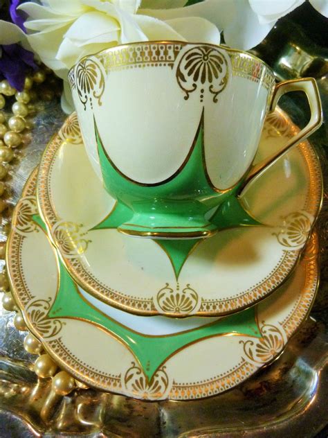 Aynsley Tea Cup And Saucer Trio Art Deco Green Star On Cream Lush