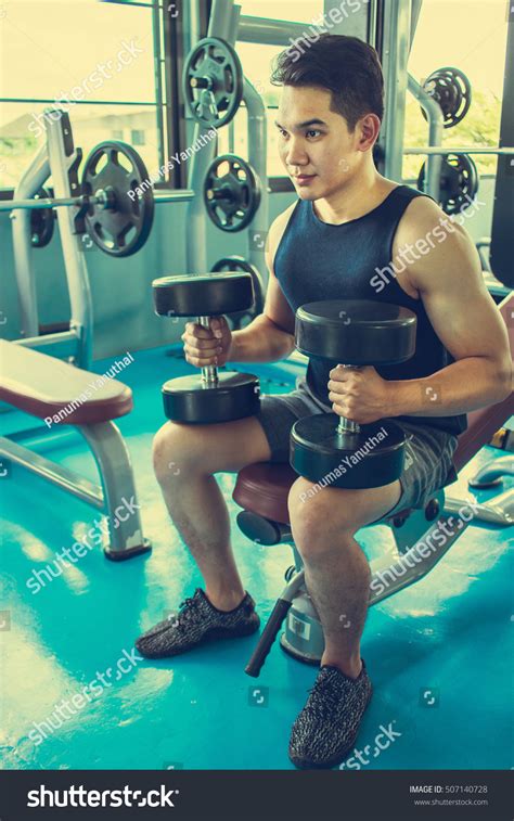 Portrait Male Muscular Bodybuilder Workout Dumbbells Stock Photo
