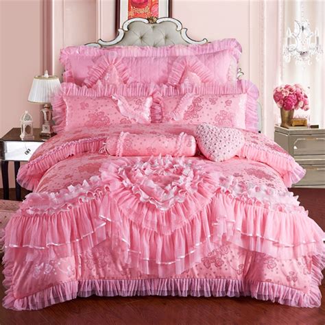 Girls Princess Lace Bedding Set King Queen Size Silk Cotton Luxury Stain Bed Set 4 8pcs Duvet