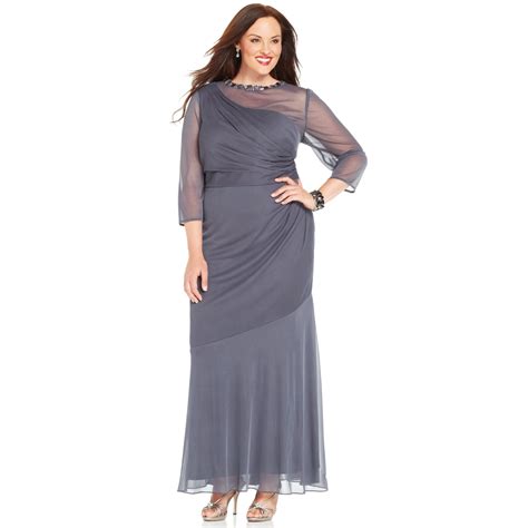 Alex Evenings Plus Size Illusion Sleeve One Shoulder Gown In Gray