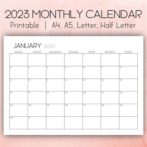 2023 Calendar Printable Landscape 2023 Minimalist Planner Etsy