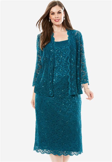 Two Piece Lace Jacket Dress By Alex Evenings Plus Size Formal And Special Occasion Dresses Roaman S