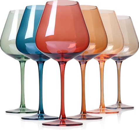 Physkoa Colored Wine Glasses Set 6 16oz Handblown Muticolor Wine Glasses With Long