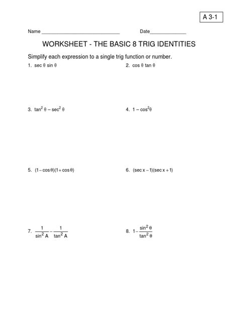 Precalculus notes, worksheets and classroom policies. Worksheet The Basic 8 Trig Identities A3 1 | Kids Activities