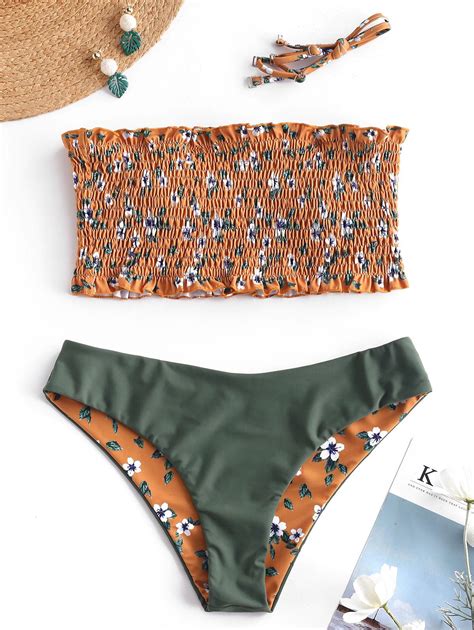 Off Zaful Floral Shirred Reversible Bikini Set In Orange