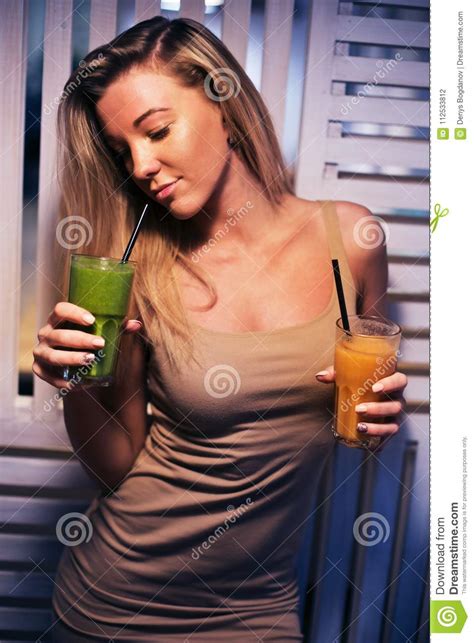Beautiful Young Girl In A Health Cafe Drinking Smoothies Go Vegetarians Healthy Life With
