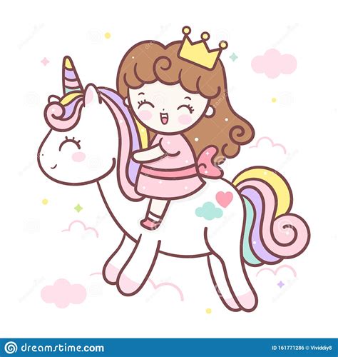 Cute Unicorn Vector Princess Cartoon Little Girl Kawaii Character