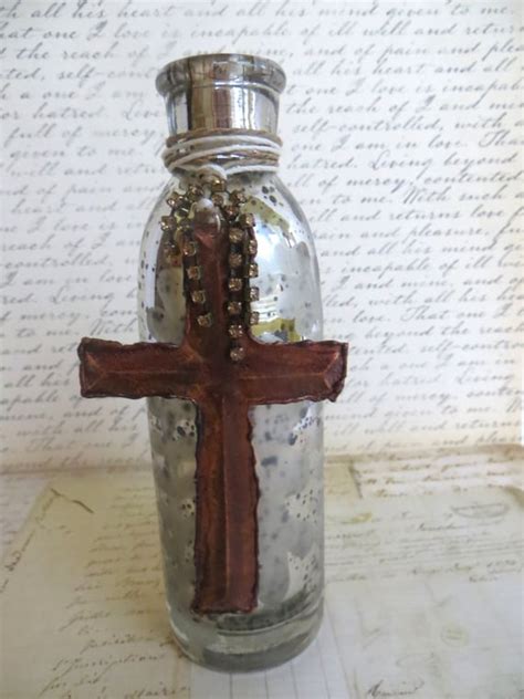 Mercury Glass Bottle With Hammered Cross And Rhinestones