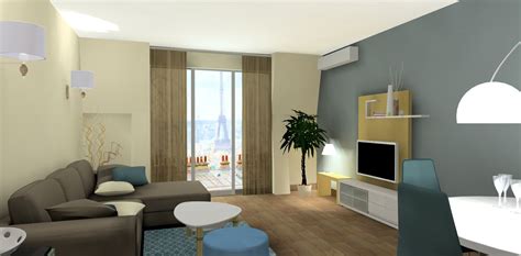 Vue 3d Salon Lin Et Bleu Appartement Plan 3d Salon Simulation 3d