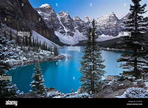 Snowy Moraine Lake From The Rockpile Viewpoint Banff National Park