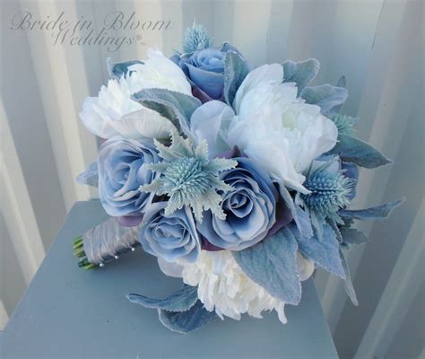 Wedding Bouquet Silver Blue Rose Bridal Bouquet Dusty Blue Etsy