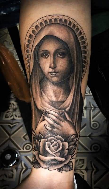 Grey Rose And Virgin Mary Tattoo On Right Forearm With Images Virgin Mary Tattoo Mary