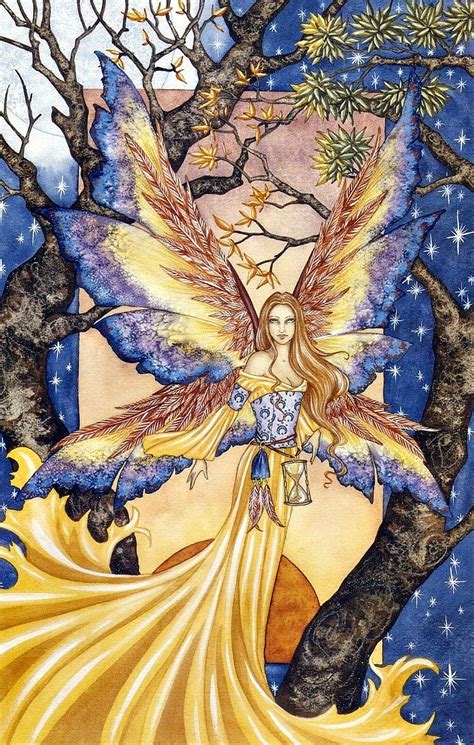 A Painting Of A Woman With Wings In The Air Surrounded By Trees And Stars