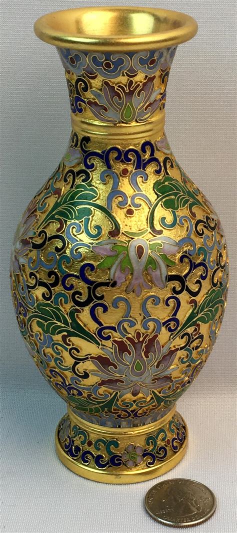 Antique Floral Chinese Gold Tone Ormolu Texture Cloisonné Fl