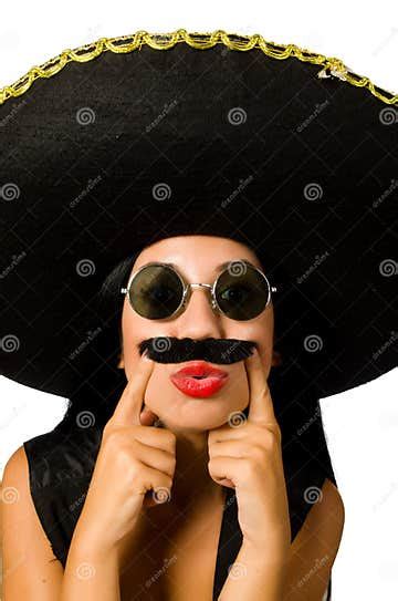 The Young Mexican Woman Wearing Sombrero Isolated On White Stock Image