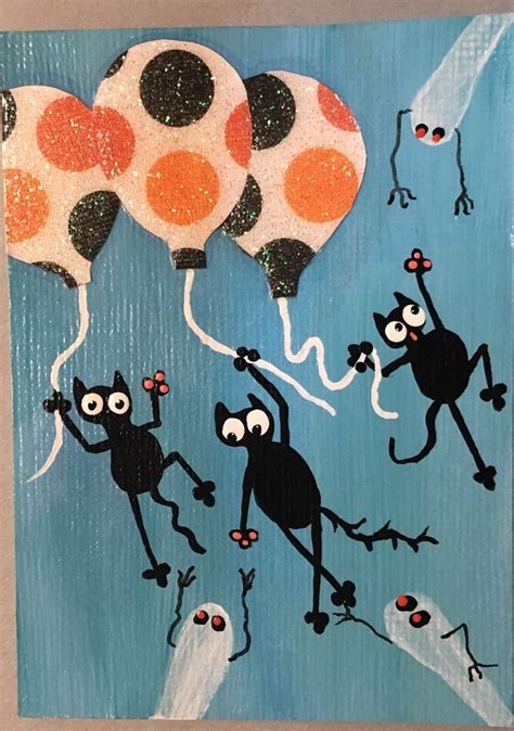 Aceo Original Halloween Cat Ghost Balloon Ride Art Paintings For Sale