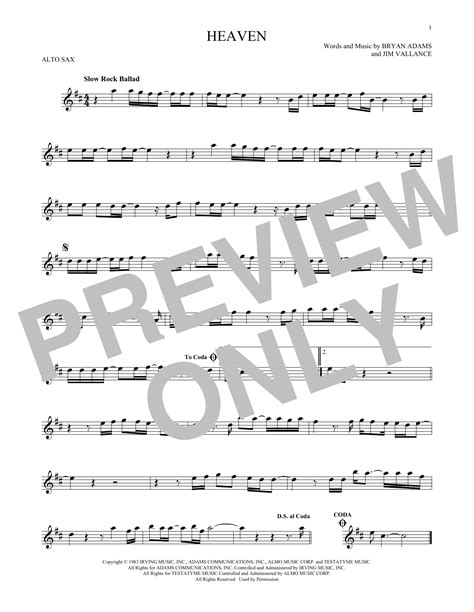 Heaven Sheet Music Bryan Adams Alto Sax Solo