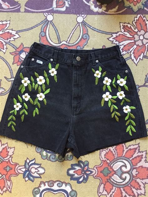 floral embroidered black denim shorts etsy
