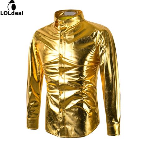 Mens Trend Night Club Coated Metallic Halloween Gold Silver Button Down