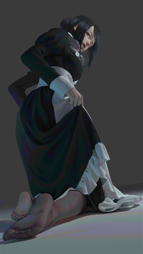 women dark hair kneeling illustration maid anime artstation maid outfit anime girls