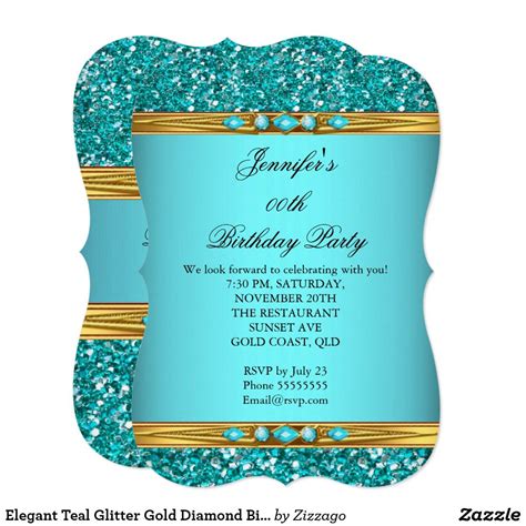 Elegant Teal Glitter Gold Diamond Birthday Party 2 Invitation Zazzle
