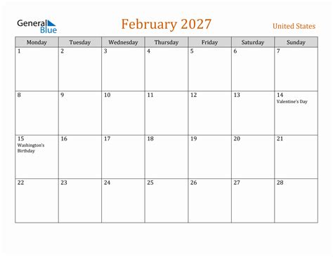 Free February 2027 United States Calendar