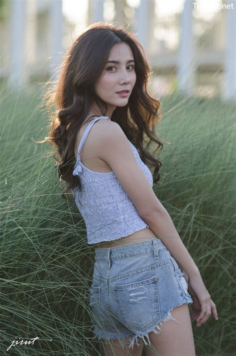 Thailand Model Baiyok Panachon Cute White Crop Top And Short Jean