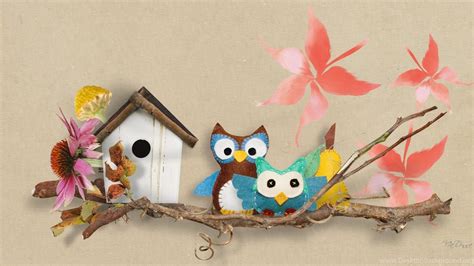 Hdscreen Owls For Autumn Birds Twigs Fall Leaves Whimsical Cute