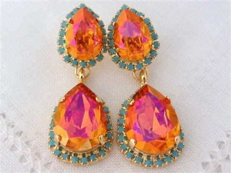 Pink Orange And Turquoise Halo Crystal Chandelier Earrings Etsy